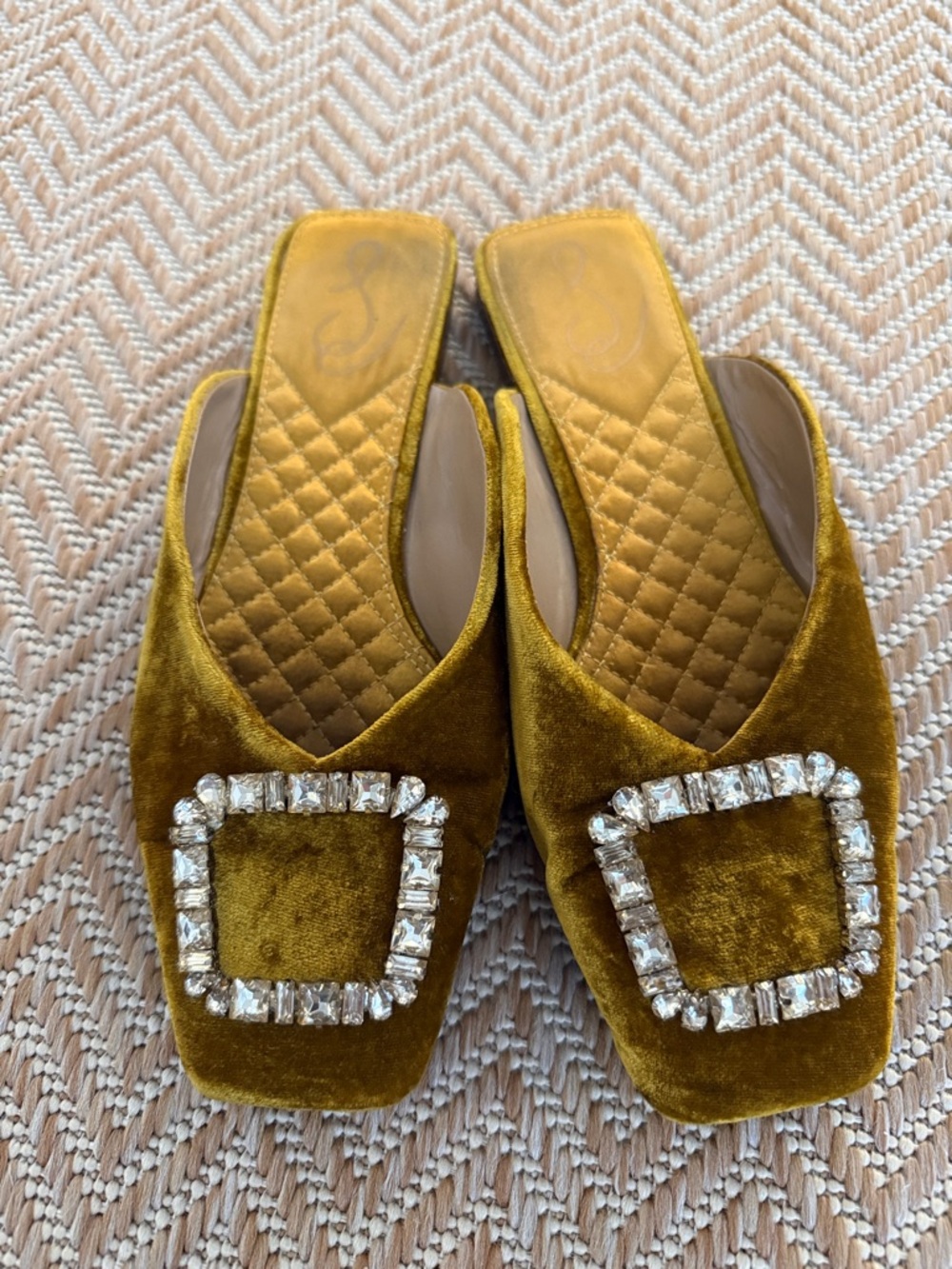 Sam Edelman Mustard Velvet Jeweled Square-Toe Mules
